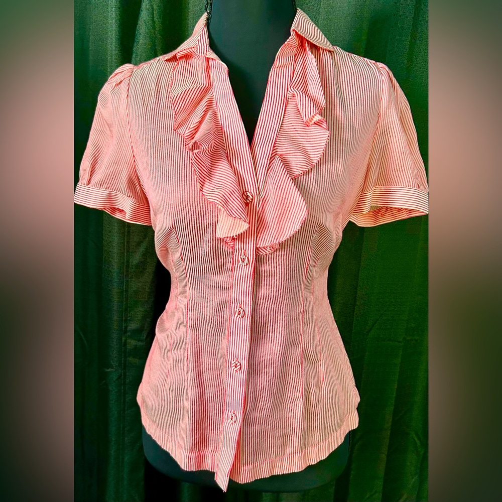 Vintage Y2K Banana Republic Red, White Striped Ruffled Blouse, Size XS